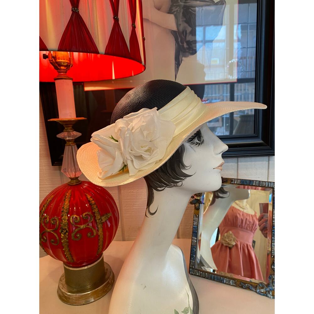 vintage 1970s wide brim hat navy and white rose 70s fashion millinery summer